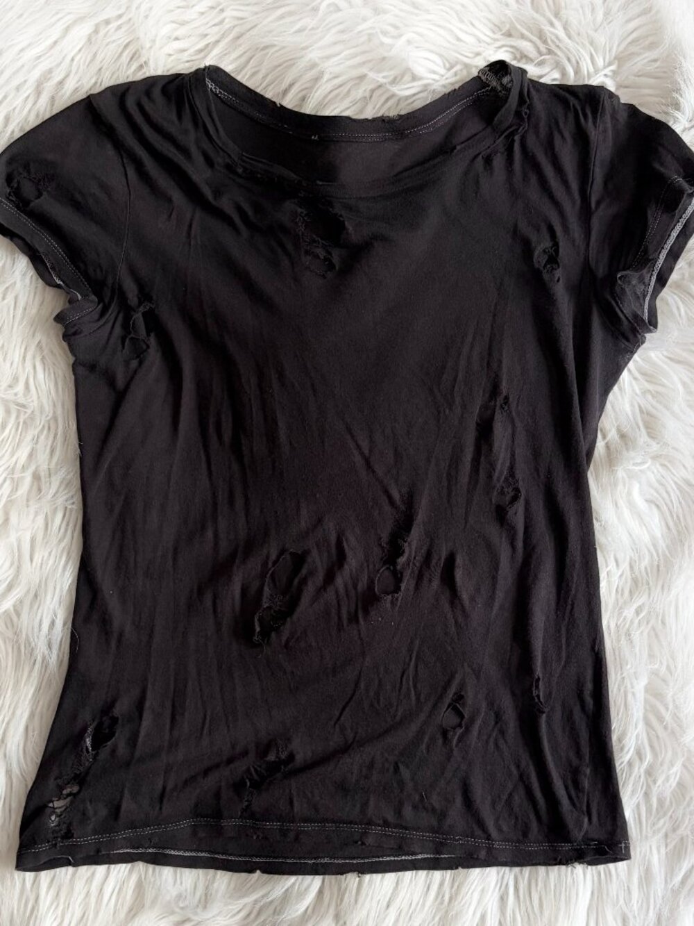 Distressed Black Paper Thin Fitted Short Sleeve T Shirt Size Small